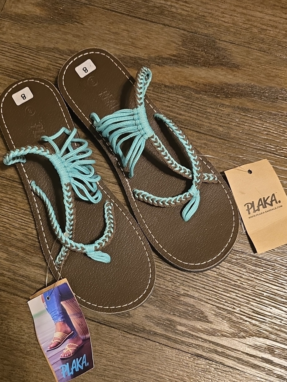 Plaka Women's Brown Sandals with Aqua Braided Straps